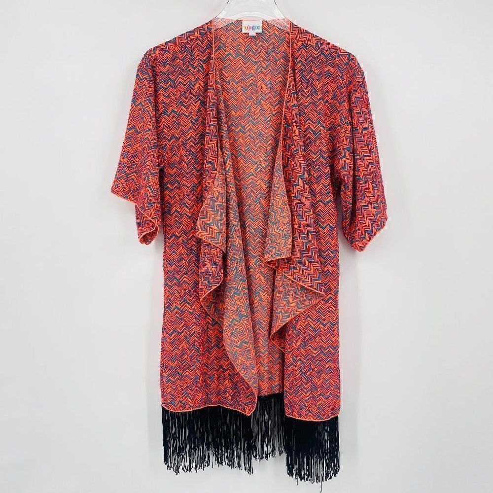 Lularoe Size Small Hot Pink & Blue Chevron Print Fringe Monroe Kimono Coverup